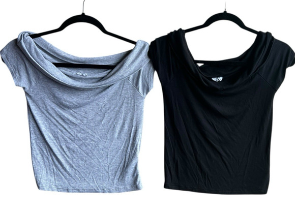 Cotton On Tops - Cotton:On Crop Tee Off Shoulder Crop Top T-Shirt Short Sleeve M Gray and Black